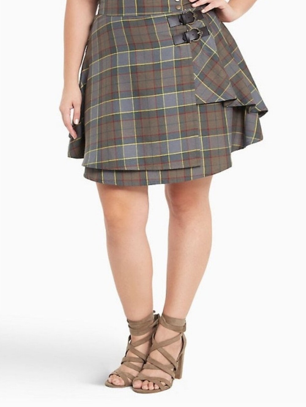 Hot Topic Outlander Fraser Tartan Buckle Mini Skirt Gray Brown Plaid Wrap Size L